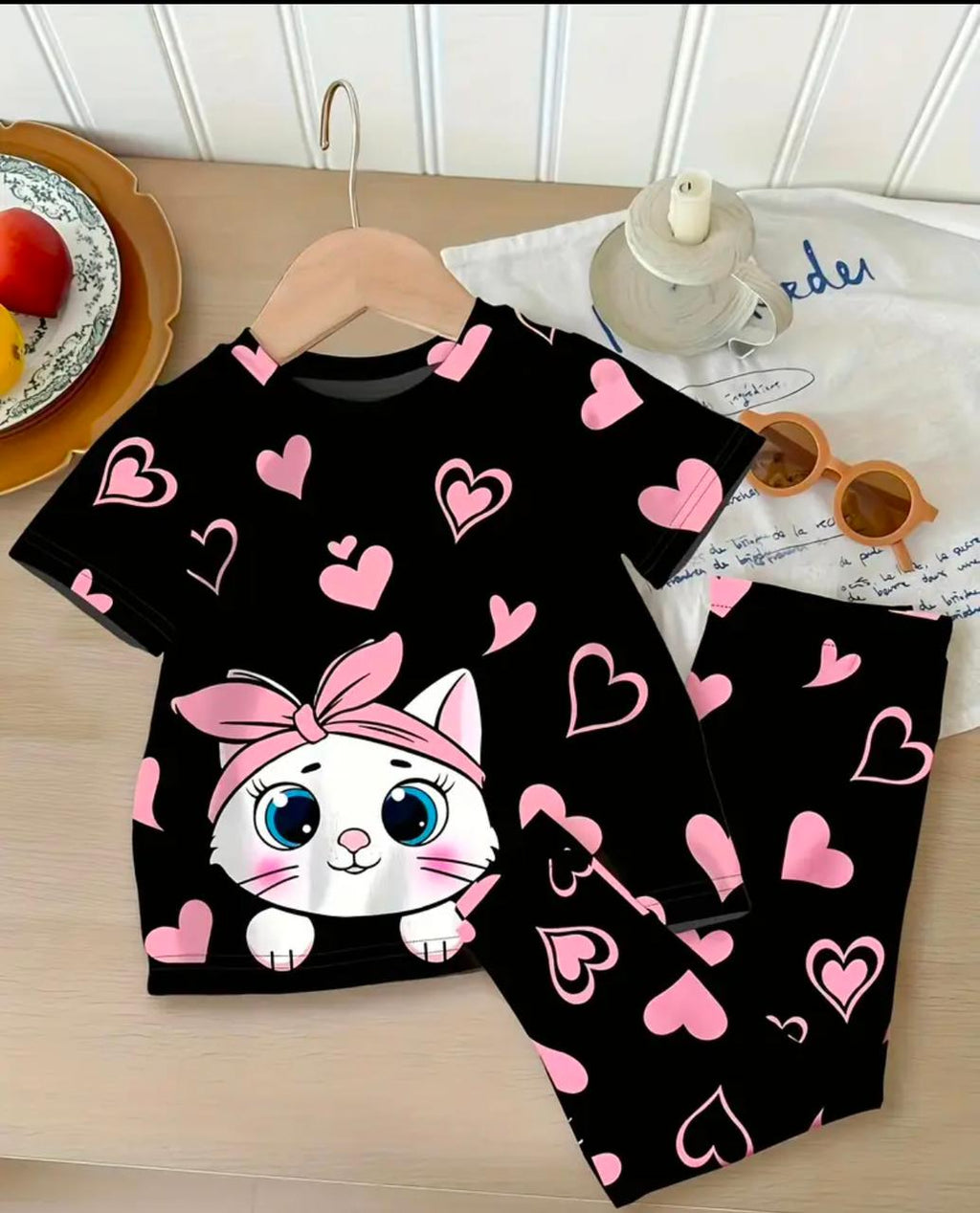 Black Kitty With Pink Hearts Printed Kids Suit