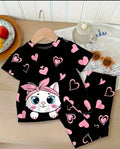 Black Kitty With Pink Hearts Printed Kids Suit