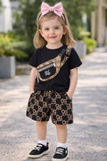 Black Pattern Tee & Gold Design Shorts Set for Kids