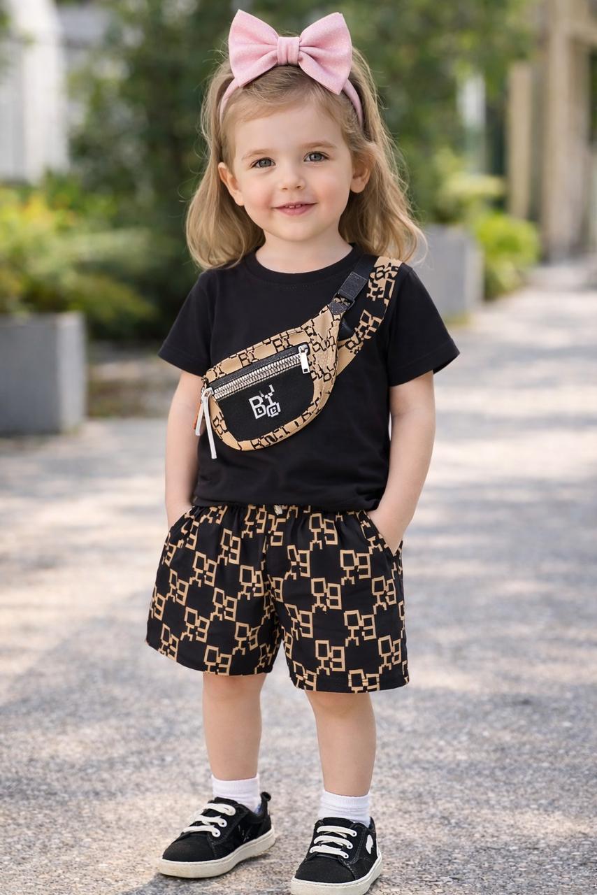 Black Pattern Tee & Gold Design Shorts Set for Kids