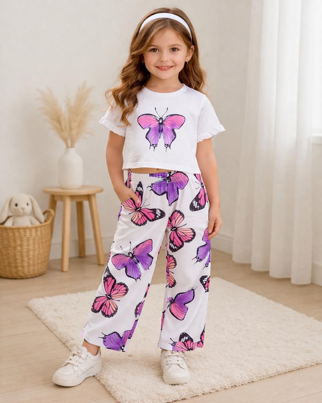 White With Purple Big Butterfly Printed Kids Suit