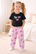 Black Bow Print Tee & Pink Bow Pants Set for Kids